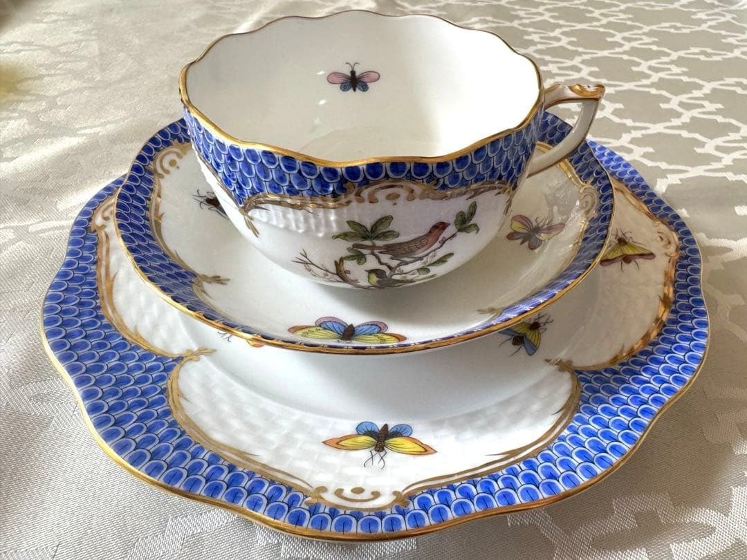 Blue Porcelain Scale Bird Saucer Cup Trio Herend Rothschild 7.5in (1 of 9)