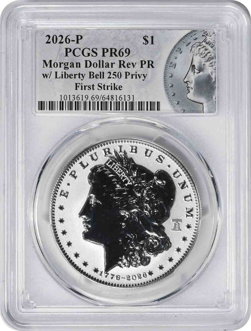 2026-P Morgan Silver Dollar Liberty Bell 250 Privy Reverse Proof PR69 FS PCGS: 2026-P Morgan Silver Dollar Liberty Bell 250 Privy Reverse Proof PR69 FS PCGS PCGS PR69 2026-P Morgan Silver Dollar Liberty Bell 250 Privy Reverse Proof Coin. This 2026-P Morgan Silver Dollar features