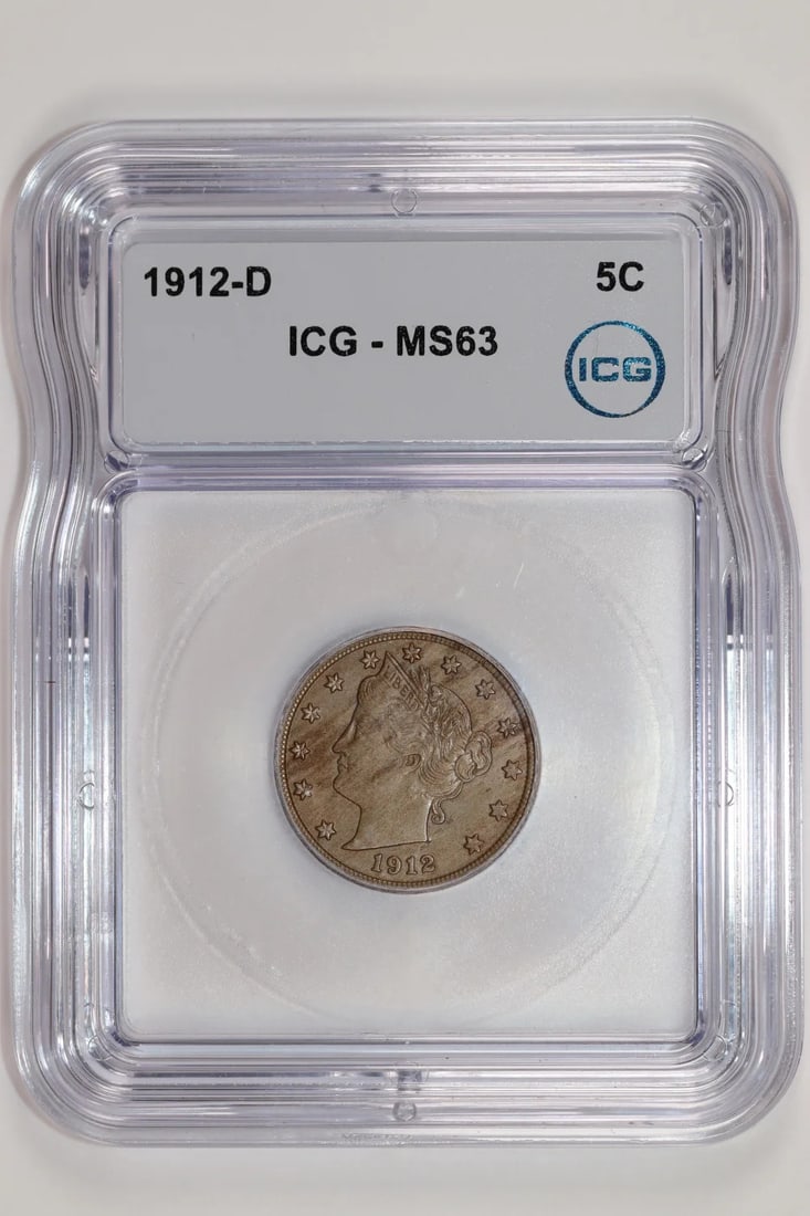 1912-D LIBERTY V NICKEL ICG MS63: 1912-D LIBERTY V NICKEL ICG MS63 The 1912-D Liberty V Nickel ICG MS63 is an uncirculated coin with a high grade of MS 63, certified by the International Coin Guides (ICG). This coin features a distinc