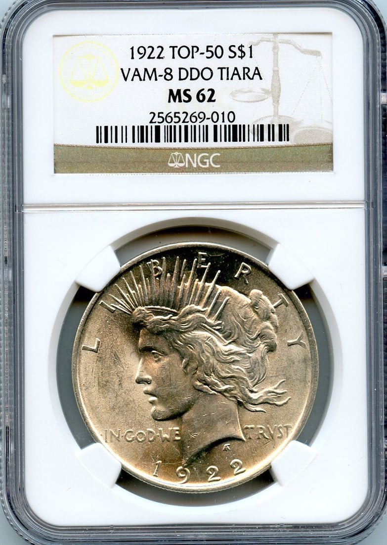 C4593- 1922 VAM-8 DDO TIARA TOP 50 PEACE DOLLAR NGC MS62: C4593- 1922 VAM-8 DDO TIARA TOP 50 PEACE DOLLAR NGC MS62 The 1922 VAM-8 DDO TIARA TOP 50 PEACE DOLLAR NGC MS62 is a highly detailed and well-crafted coin, featuring a striking design with intricate de
