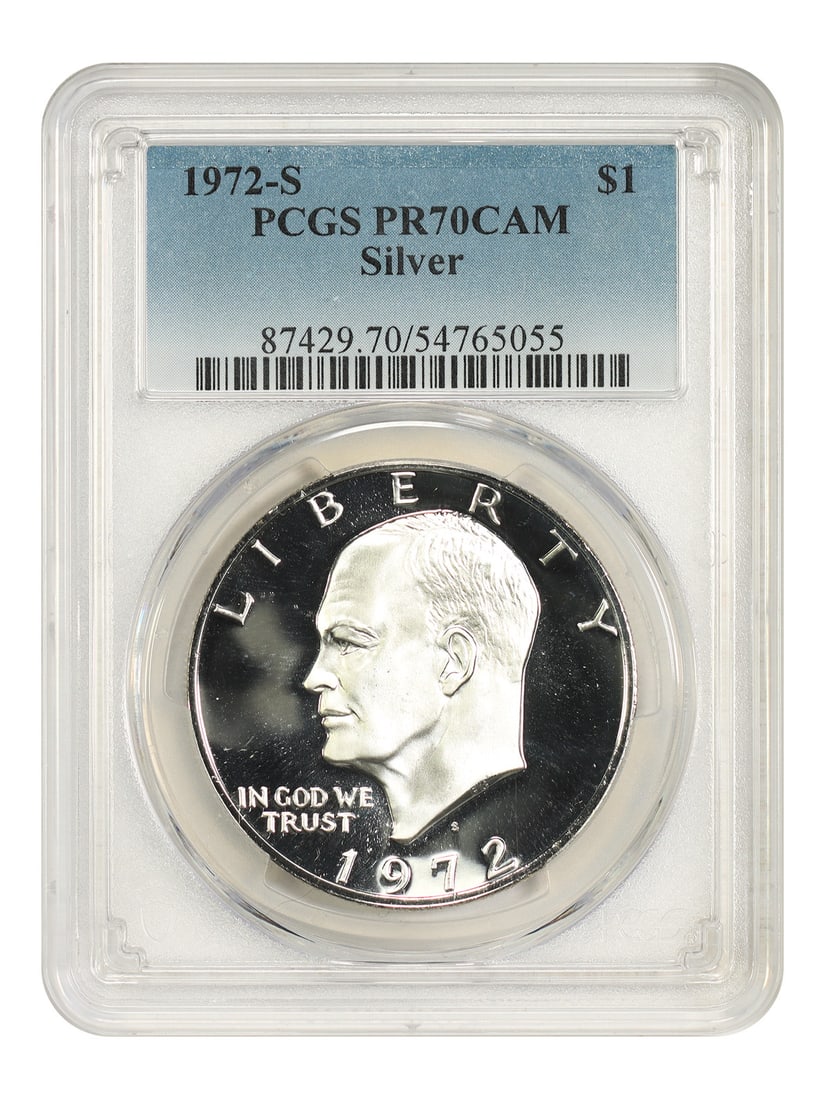 1972-S $1 PCGS PR70CAM (Silver) - Ike Dollar: 1972-S $1 PCGS PR70CAM (Silver) - Ike Dollar 1972-S $1 PCGS PR70CAM (Silver) - Ike DollarThe 1972-S Ike Dollar is a stunning example of American currency, certified by the PCGS as PR70CAM, indicating 