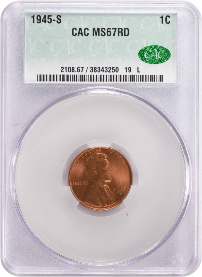 1945-S Lincoln Cent MS67RD CACG: 1945-S Lincoln Cent MS67RD CACG The 1945-S Lincoln Cent MS67RD CACG is a highly detailed and well-preserved coin, boasting a mint state 67-grade condition and a rare circulated grade. Its unique combi