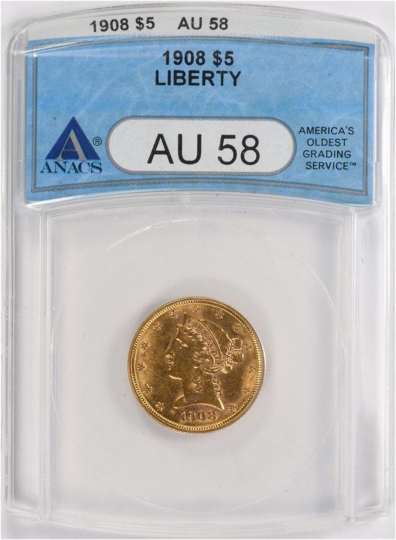 $5 AU58 Gold Liberty Head 1908: $5 AU58 Gold Liberty Head 1908 The 1908 $5 AU58 Gold Liberty Head coin is a rare and historic piece, certified by ANACS as uncirculated. This coin features a striking design by Christian Gobrecht, wit