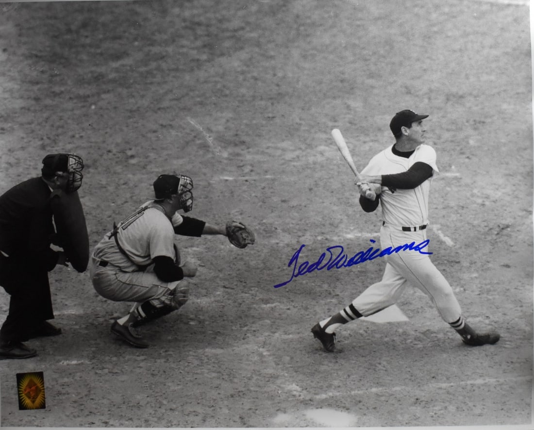 Ted Williams HOF Red Sox Signed 16x20 Photo Green Diamond Hologram TWF 209976: Ted Williams HOF Red Sox Signed 16x20 Photo Green Diamond Hologram TWF 209976 Authentic 16x20 photo of Ted Williams, a legendary Red Sox slugger, signed in a bold, red marker. The item is presented wi