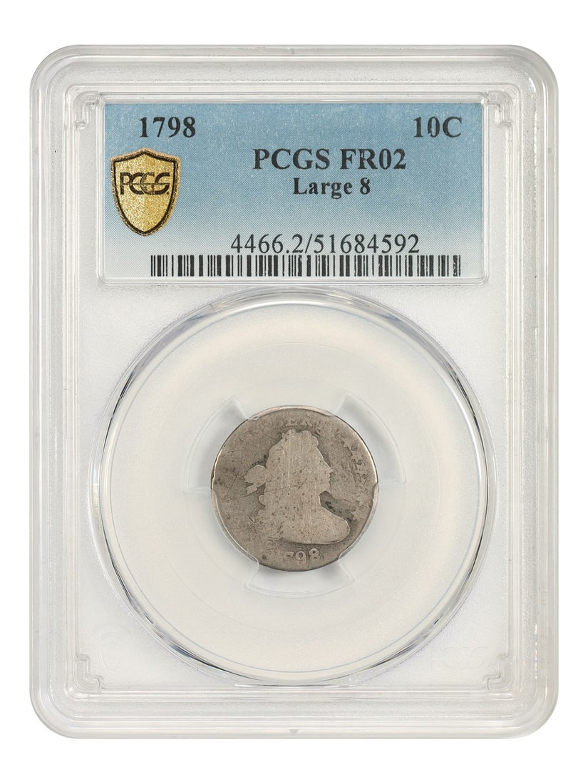 1798 10C PCGS Fair 02 (Large 8) - Draped Bust Dime: 1798 10C PCGS Fair 02 (Large 8) - Draped Bust Dime The 1798 10C PCGS Fair 02 (Large 8) - Draped Bust Dime is a circulated example of one of the earliest coins minted in the United States. This coin fe