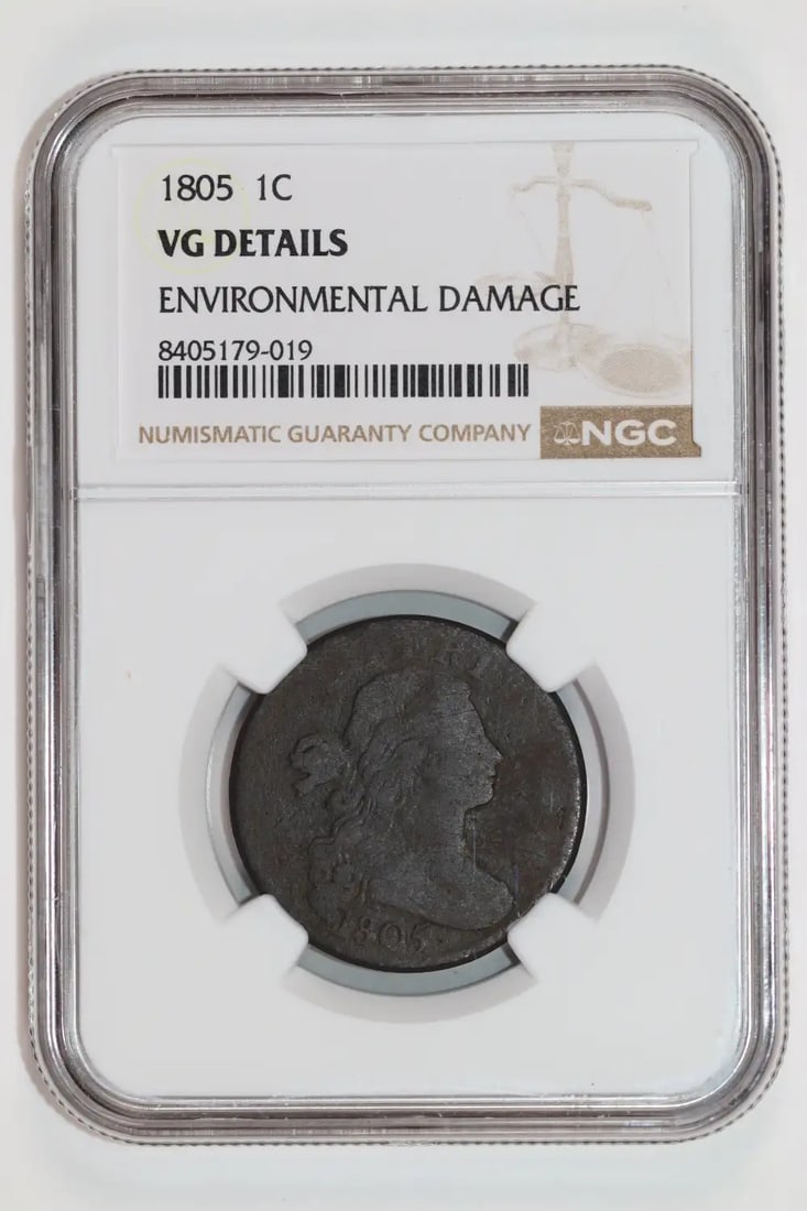 1805 DRAPED BUST LARGE CENT NGC VG DETAILS: 1805 DRAPED BUST LARGE CENT NGC VG DETAILS The 1805 Draped Bust Large Cent is a copper coin with a VG (Very Good) grade, bearing the NGC certification number 8405179-019. This circulating/uncirculated