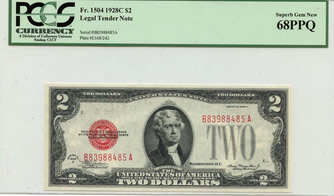 1928C $2 Legal Tender FR#1504 PCGS Currency Superb Gem 68 PPQ: 1928C $2 Legal Tender FR#1504 PCGS Currency Superb Gem 68 PPQ This 1928C $2 Legal Tender note is a Superb Gem, graded MS68 by PCGS Currency, and is certified as Uncirculated. The note's FR#1504 design