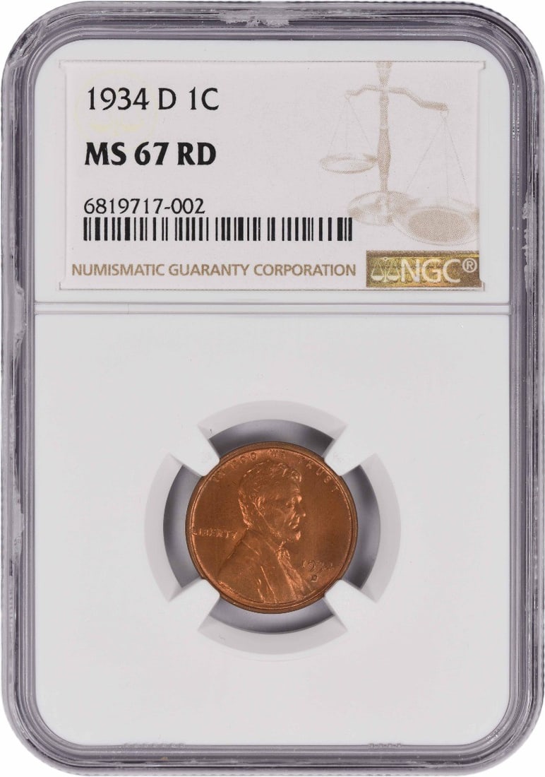 1934-D Lincoln Cent MS67RD NGC: 1934-D Lincoln Cent MS67RD NGC The 1934-D Lincoln Cent MS67RD NGC is a highly detailed and well-preserved uncirculated coin, graded MS67 by the Numismatic Guaranty Corporation (NGC). This coin feature