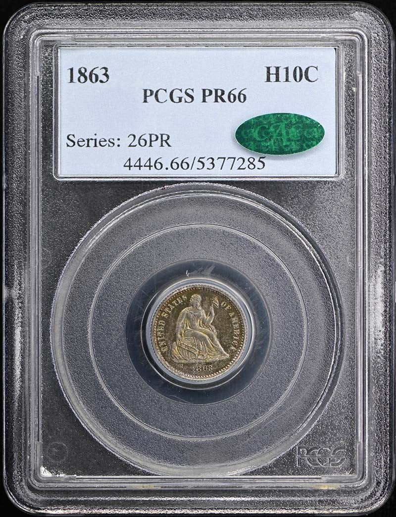 Half Dime Liberty Seated 1863 PCGS CAC PR66: Half Dime Liberty Seated 1863 PCGS CAC PR66 PCGS CAC PR66 certified, this 1863 Liberty Seated Half Dime is graded PR66, indicating excellent condition with minimal wear. As a proof minted coin from th