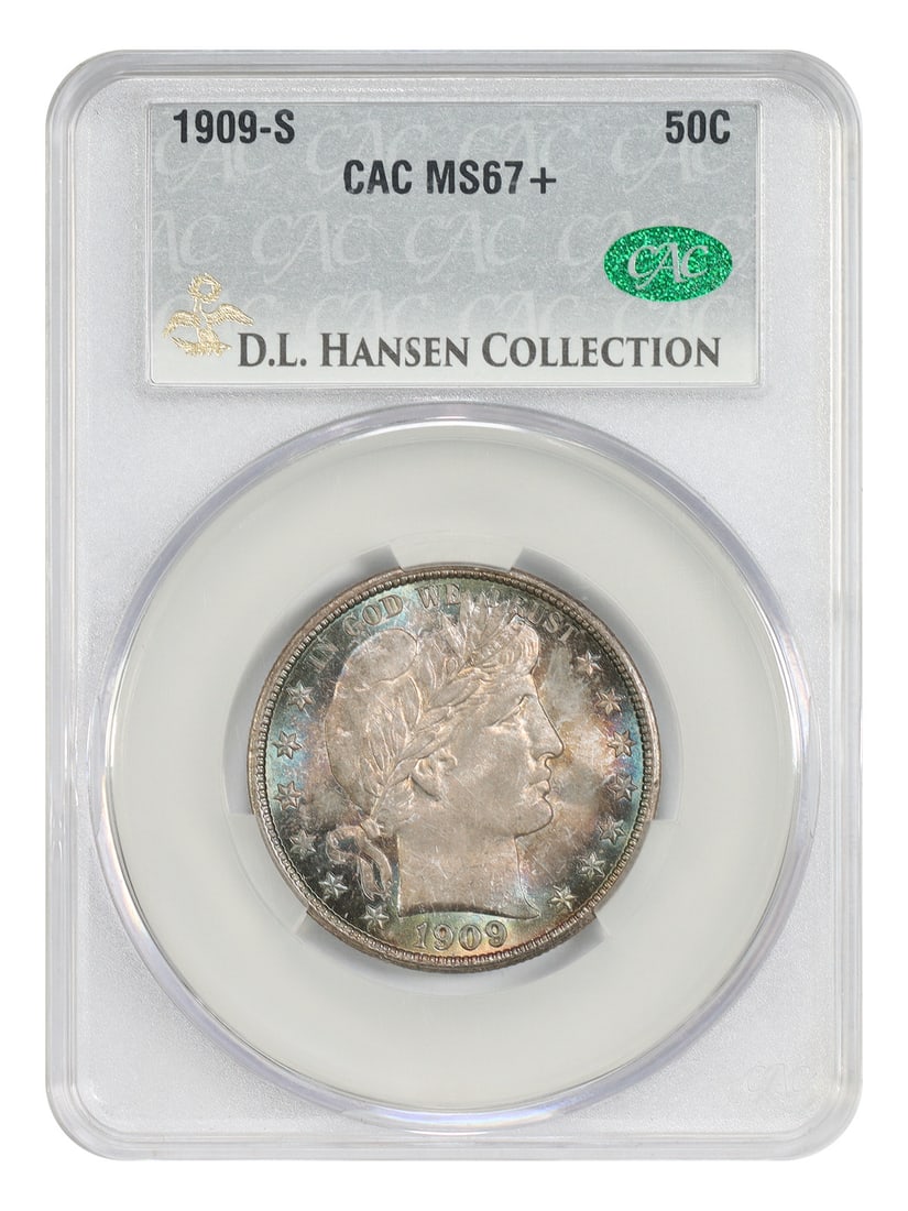 1909-S 50C CACG MS67+: 1909-S 50C CACG MS67+ The 1909-S 50C is a highly graded coin, certified by CACG as MS67+, indicating exceptional condition. This uncirculated coin was minted in San Francisco and features a rich histo