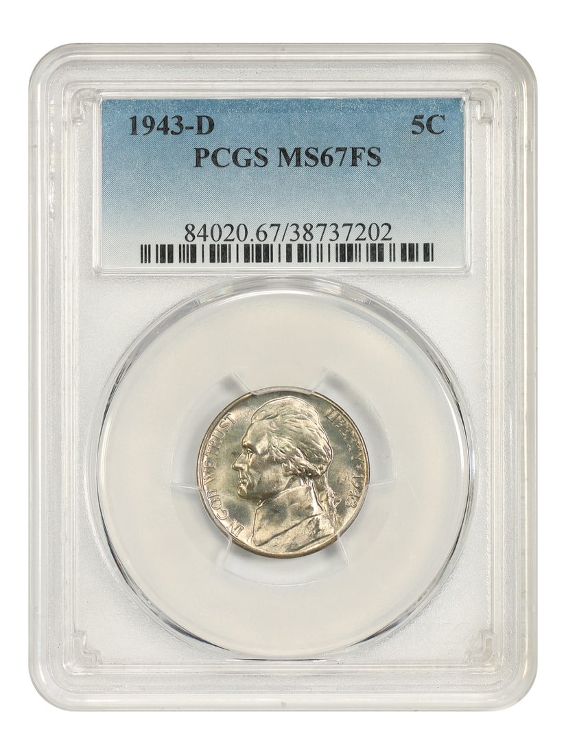 1943-D 5C PCGS MS67FS - Jefferson Nickel: 1943-D 5C PCGS MS67FS - Jefferson Nickel The 1943-D Jefferson Nickel is a highly sought-after coin, featuring the iconic design of President Thomas Jefferson on the obverse and a depiction of Liberty 