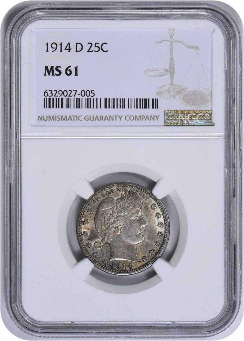 1914-D Barber Silver Quarter MS61 NGC: 1914-D Barber Silver Quarter MS61 NGC The 1914-D Barber Silver Quarter MS61 NGC is a highly detailed and well-crafted coin, featuring the iconic Barber design by Charles E. Barber. With its reeded edg