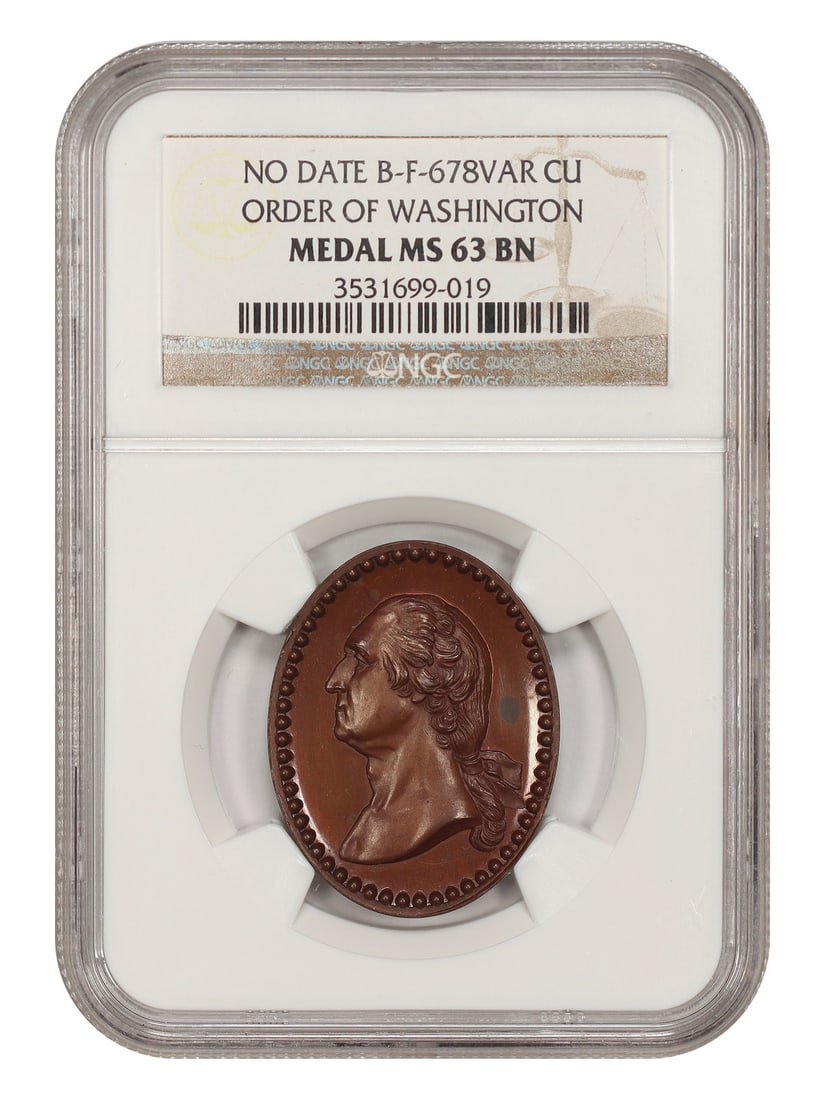 ND Order of Washington Medal NGC MS63BN (B-F-678VAR, CU) - World Coins: ND Order of Washington Medal NGC MS63BN (B-F-678VAR, CU) - World Coins NGC has certified this ND Order of Washington Medal as MS63BN, a high level of detail and luster. The coin bears a unique certifi