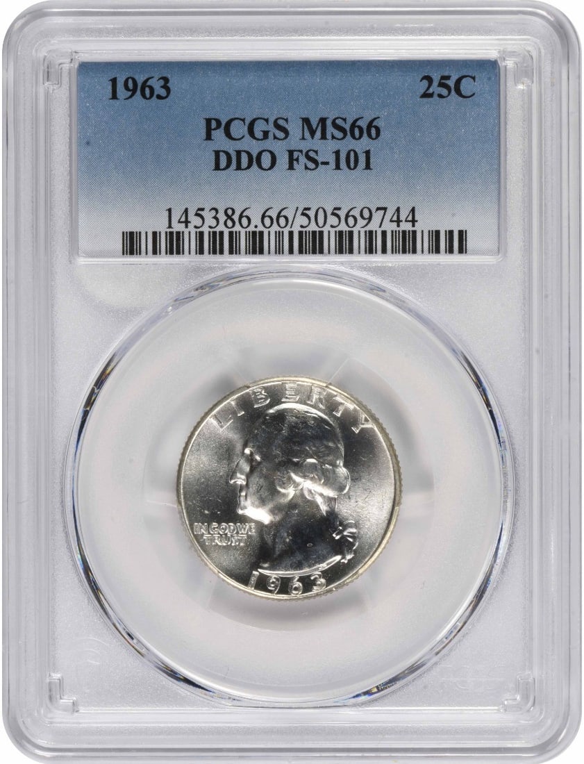 1963 Washington Silver Quarter DDO FS-101 MS66 PCGS: 1963 Washington Silver Quarter DDO FS-101 MS66 PCGS The 1963 Washington Silver Quarter is a highly detailed and precise coin, with a grade of MS66 from the PCGS, indicating its exceptional condition. 