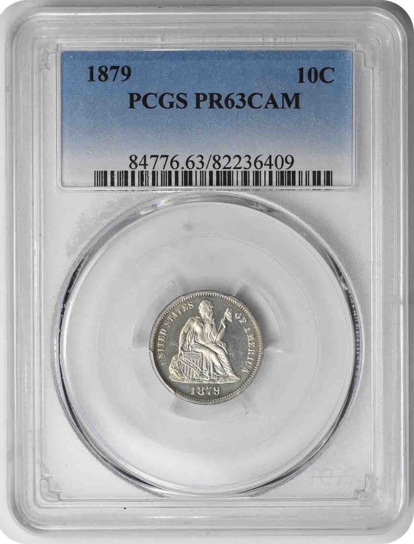1879 Liberty Seated Silver Dime PR63CAM PCGS: 1879 Liberty Seated Silver Dime PR63CAM PCGS The 1879 Liberty Seated Silver Dime is a rare and historic coin, bearing the signature of Christian Gobrecht, the designer of the Seated Liberty design. Th
