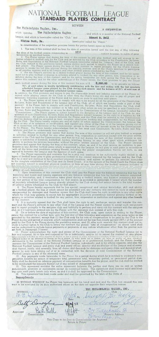 Bert Bell Philadelphia Eagles Signed/ Autographed 1958 Contract JSA 160875: Bert Bell Philadelphia Eagles Signed/ Autographed 1958 Contract JSA 160875 Bert Bell, the legendary Philadelphia Eagles coach, signed his 1958 contract, a piece of NFL history that showcases his endur