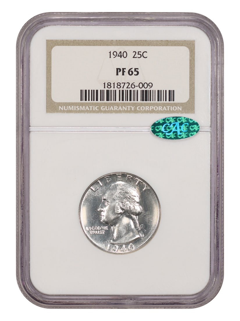 1940 25C NGC/ CAC PR65 - Washington Quarter: 1940 25C NGC/ CAC PR65 - Washington Quarter The 1940 25C Washington Quarter is a highly detailed and well-certified coin, graded PR65 by the NGC and CAC. This uncirculated coin features the iconic des