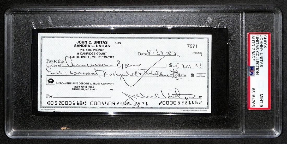 Johnny Unitas Signed 8/ 13/ 02 Check PSA/ DNA MINT 9 188674: Johnny Unitas Signed 8/ 13/ 02 Check PSA/ DNA MINT 9 188674 Signed by NFL legend Johnny Unitas, this 2002 check boasts a Mint 9 grade from PSA/DNA, showcasing exceptional condition and authenticity. T