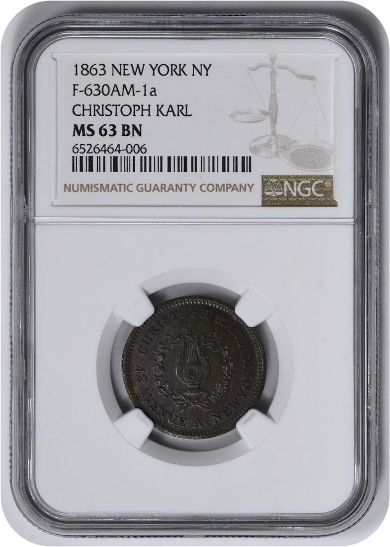 1863 Civil War Token Store Card New York NY F-630AM-1a MS63BN NGC: 1863 Civil War Token Store Card New York NY F-630AM-1a MS63BN NGC Uncirculated 1863 Civil War Token Store Card from New York, NY, graded MS63BN by the Numismatic Guaranty Corporation (NGC). This coppe