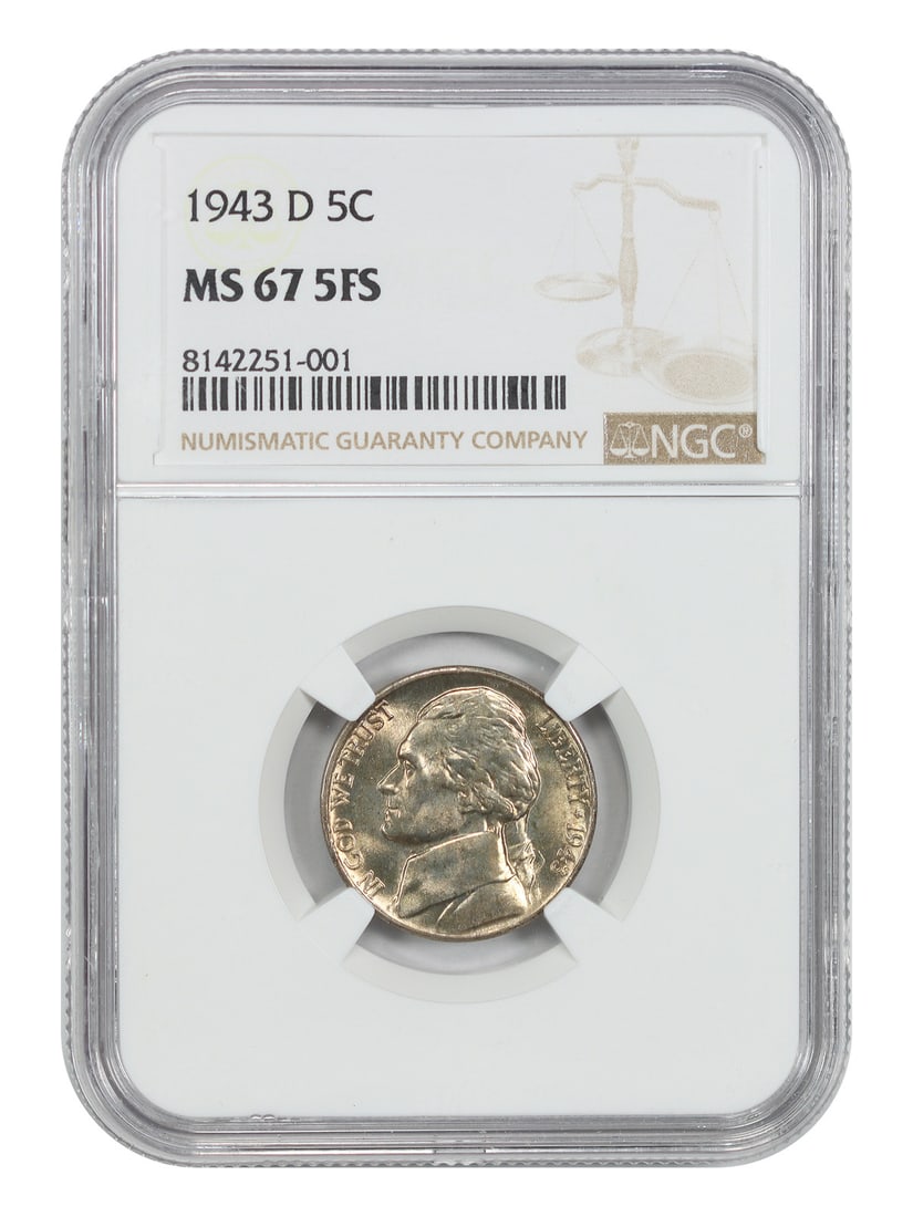 1943-D 5C NGC MS67 5FS - Jefferson Nickel - Lofty Wartime Nickel: 1943-D 5C NGC MS67 5FS - Jefferson Nickel - Lofty Wartime Nickel 1943-D 5C NGC MS67 5FS - Jefferson Nickel. This 1943-D Jefferson Nickel is certified MS67 by the NGC, indicating exceptional condition 