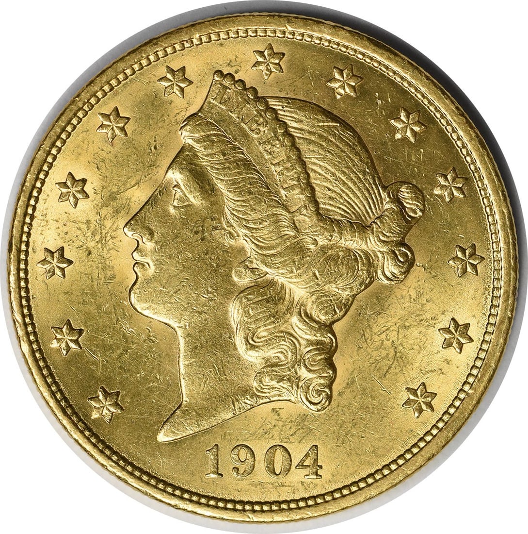 $20 Gold Liberty Head BU Uncertified 1904: $20 Gold Liberty Head BU Uncertified 1904 The 1904 $20 Gold Liberty Head is a highly sought-after coin, featuring a classic design with a Liberty Head obverse and a wreathed reverse. This Uncirculated