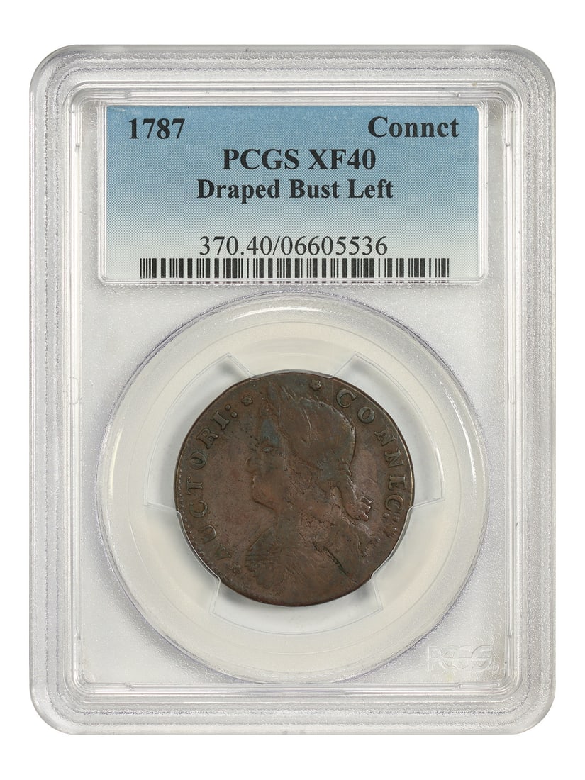 1787 Connct PCGS XF40 (Draped Bust Left) - Colonials: 1787 Connct PCGS XF40 (Draped Bust Left) - Colonials 1787 Connct PCGS XF40 (Draped Bust Left) - Colonials features a circulated Colonial coin with a PCGS certification, graded XF40, and bearing a sign