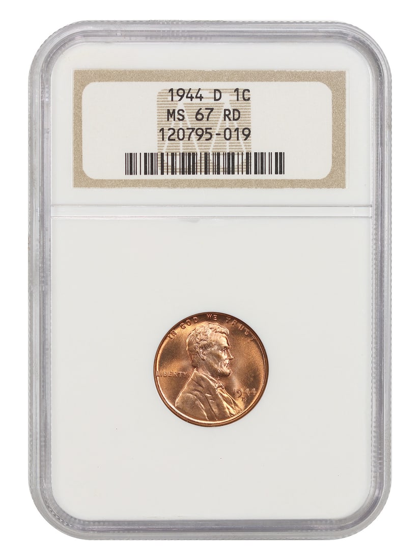 Lincoln Cent 1C 1944-D MS67RD Wheat Reverse: Lincoln Cent 1C 1944-D MS67RD Wheat Reverse The 1944-D Lincoln Cent in MS67RD condition boasts a stunning Wheat Reverse design, a hallmark of the Denver Mint's production. This uncirculated coin featu