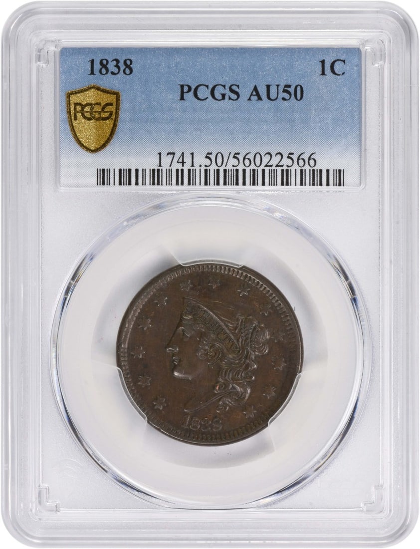 Large Cent 1838 AU50 PCGS: Large Cent 1838 AU50 PCGS The 1838 Large Cent, graded AU50 by PCGS, is a significant piece of American numismatic history, bearing the mark of the Philadelphia Mint. With a mintage of just 6,370, this