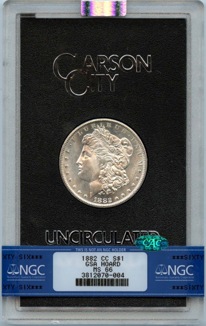 1882-CC Morgan Dollar GSA HOARD S$1 NGC MS66 (CAC): 1882-CC Morgan Dollar GSA HOARD S$1 NGC MS66 (CAC) The 1882-CC Morgan Dollar GSA HOARD S$1 NGC MS66 (CAC) is a highly graded, uncirculated coin from the Carson City mint, boasting a stunning MS66 grad