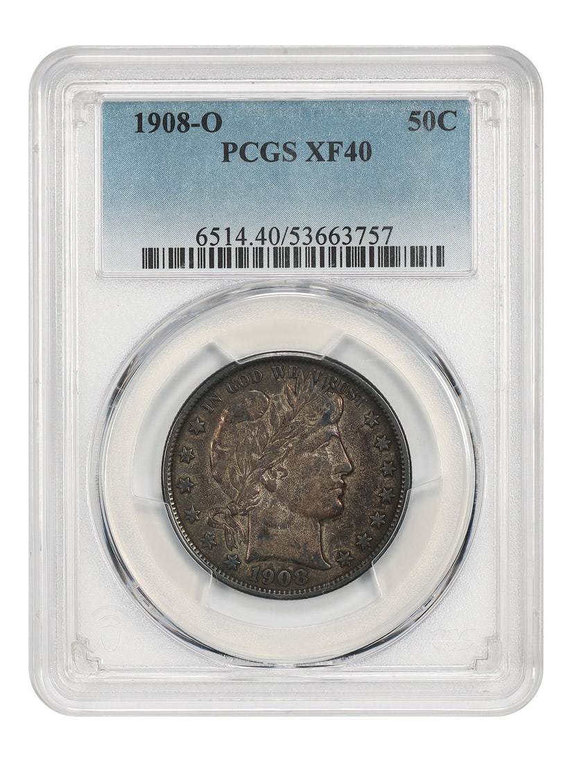 1908-O 50C PCGS XF40 - Barber Half Dollar: 1908-O 50C PCGS XF40 - Barber Half Dollar The 1908-O 50C PCGS XF40 is a circulated Barber Half Dollar from the New Orleans mint, bearing the mark of the Professional Coin Grading Service (PCGS) with a