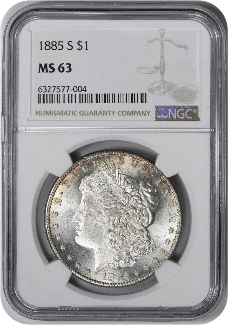 Morgan Silver Dollar 1885-S MS63 NGC: Morgan Silver Dollar 1885-S MS63 NGC The 1885-S Morgan Silver Dollar is a highly detailed and intricately designed coin, featuring George T. Morgan's signature design. Made from 90% silver and 10% cop