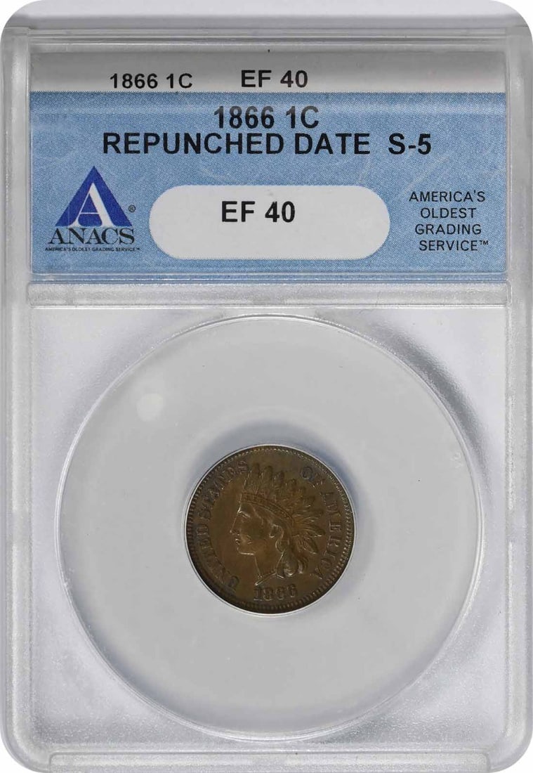 1866 Indian Cent EF40 ANACS Repunched Date S-5: 1866 Indian Cent EF40 ANACS Repunched Date S-5 EF40 ANACS certified 1866 Indian Cent with a repunched date, a notable variation that adds to its historical significance, is up for auction. This circul