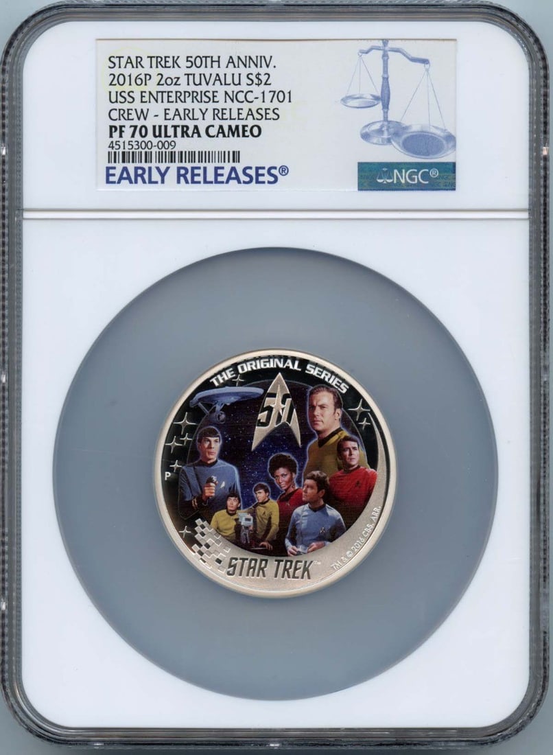 2016P 2oz TUVALU USS ENTERPRISE NCC-1701 CREW ER S$2 NGC PR70DCAM: 2016P 2oz TUVALU USS ENTERPRISE NCC-1701 CREW ER S$2 NGC PR70DCAM The 2016P 2oz TUVALU USS ENTERPRISE NCC-1701 CREW ER S$2 NGC PR70DCAM is a stunning uncirculated coin featuring a striking design insp
