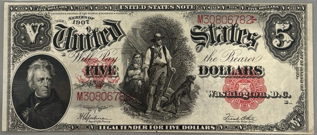 US NOTE WOODCHOPPER 5 $ RAW CHOICE 1907 AU: US NOTE WOODCHOPPER 5 $ RAW CHOICE 1907 AU Woodchopper note, a unique piece of US currency history, features a distinctive design and a 1907 date. This circulated $5 banknote is a rare find for collec