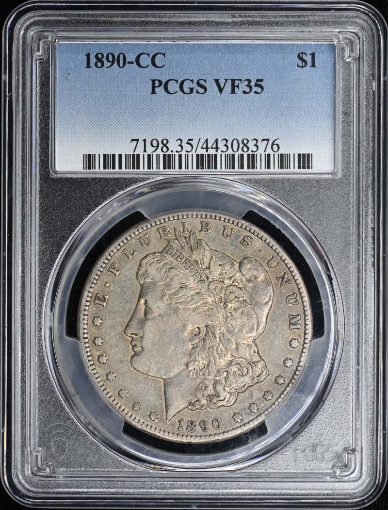1890-CC $1 Morgan Dollar PCGS VF35: 1890-CC $1 Morgan Dollar PCGS VF35 The 1890-CC $1 Morgan Dollar is a circulated example, graded VF35 by PCGS, indicating a high level of detail and preservation. This coin bears the iconic design of A
