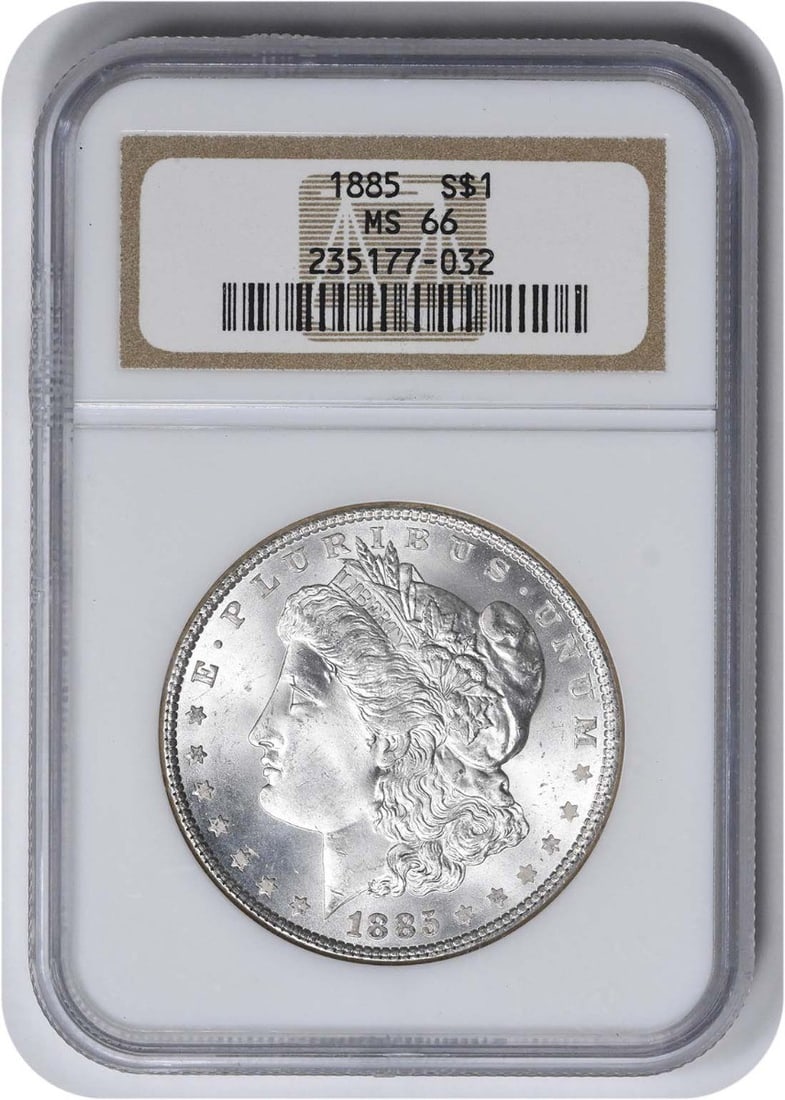 Morgan Silver Dollar MS66 NGC: Morgan Silver Dollar MS66 NGC The 1885 Morgan Silver Dollar is a highly detailed and intricately designed coin, featuring George T. Morgan's iconic design. Made from 90% silver and 10% copper, this co