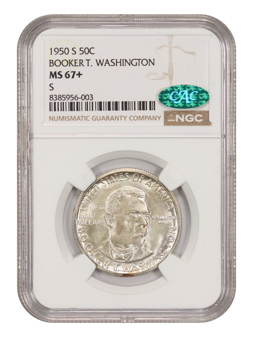 1950-S 50C Booker T. Washington NGC/ CAC MS67+ - Classic Silver Commemorative: 1950-S 50C Booker T. Washington NGC/ CAC MS67+ - Classic Silver Commemorative The 1950-S 50C Booker T. Washington coin is a highly graded MS67+ specimen, certified by the NGC and recognized by the CAC