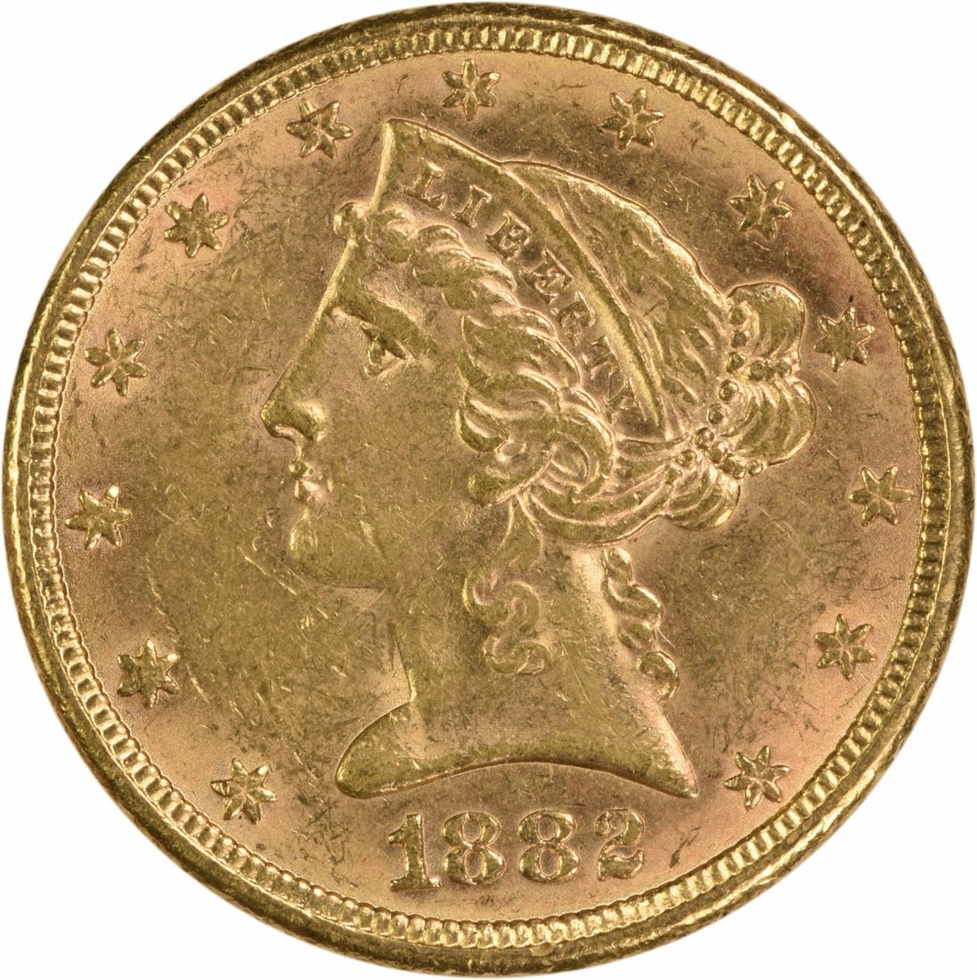 $5 1882 Gold Liberty Head BU Uncertified: $5 1882 Gold Liberty Head BU Uncertified This 1882 Gold Liberty Head $5 coin is a circulated example, bearing the distinctive KM number 101. With its MS60 grade and gold composition, this coin showcas