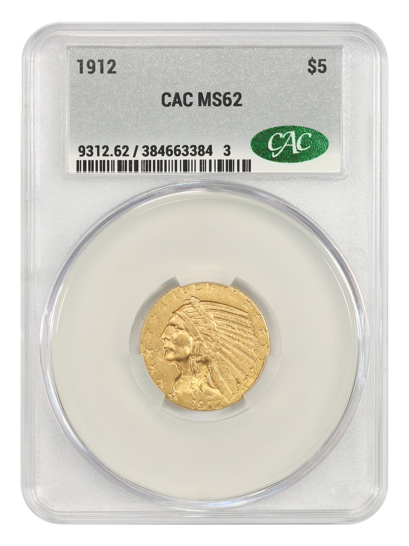 1912 $5 CACG MS62 - Indian $5 - Popular Gold Five: 1912 $5 CACG MS62 - Indian $5 - Popular Gold Five The 1912 $5 CACG MS62 is a highly detailed and well-certified Indian $5 gold coin, minted in Philadelphia in 1912. This uncirculated coin boasts a hig