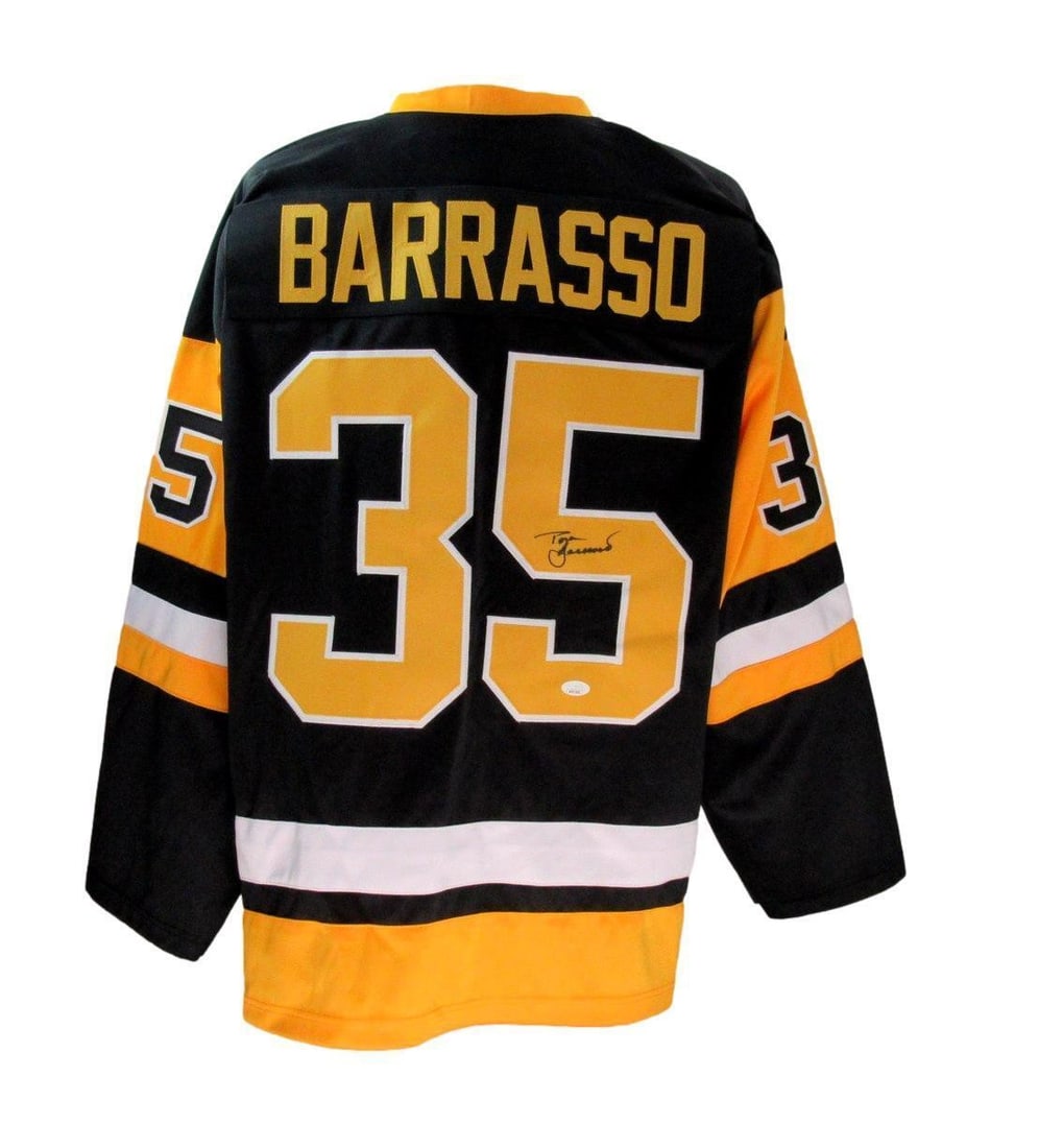 Tom Barrasso Autographed Custom Hockey Jersey Pittsburgh Penguins JSA 180045: Tom Barrasso Autographed Custom Hockey Jersey Pittsburgh Penguins JSA 180045 Tom Barrasso's autographed custom hockey jersey is a unique piece for hockey enthusiasts, bearing the signature of the lege