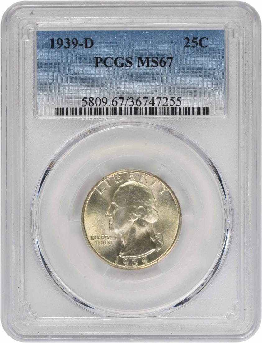 1939-D Washington Silver Quarter MS67 PCGS: 1939-D Washington Silver Quarter MS67 PCGS The 1939-D Washington Silver Quarter MS67 PCGS is a highly graded, uncirculated coin with a rich history. Certified by the PCGS, this coin boasts a stunning 
