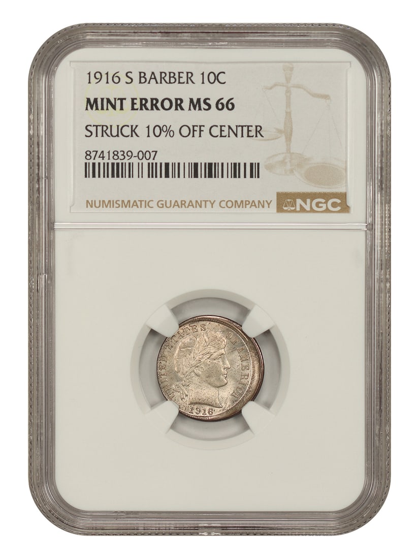 Mint Error: 1916-S 10C Barber NGC MS66 (Struck 10% Off Center) - Barber Dime: Mint Error: 1916-S 10C Barber NGC MS66 (Struck 10% Off Center) - Barber Dime Struck 10% Off Center, this 1916-S 10C Barber dime showcases a unique Mint Error, making it a fascinating addition to any c