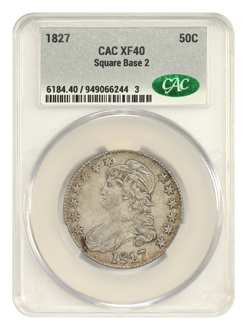 XF40 Capped Bust Half Dollar Square Base 2 Great Type Coin: XF40 Capped Bust Half Dollar Square Base 2 Great Type Coin The 1827 XF40 Capped Bust Half Dollar Square Base 2 Great Type Coin is a circulated example of a highly sought-after American numismatic trea
