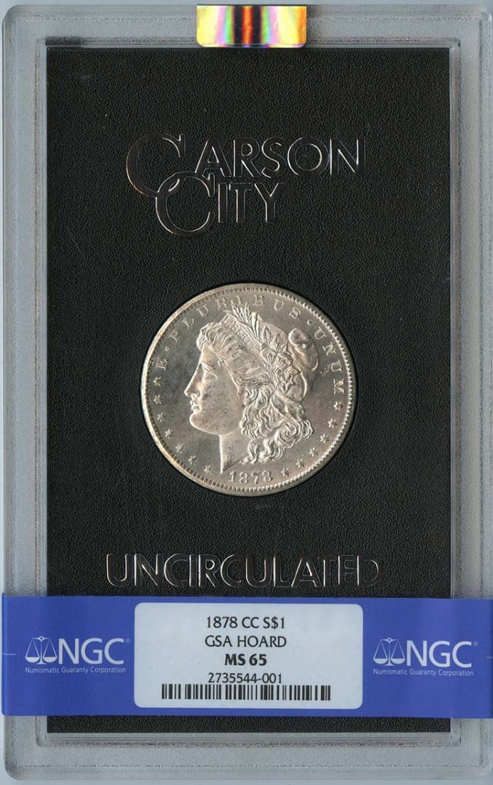1878-CC Morgan Dollar GSA HOARD S$1 NGC MS65: 1878-CC Morgan Dollar GSA HOARD S$1 NGC MS65 MS65 1878-CC Morgan Dollar GSA HOARD, certified by the Numismatic Guaranty Corporation (NGC), boasts a high level of detail and preservation, showcasing it
