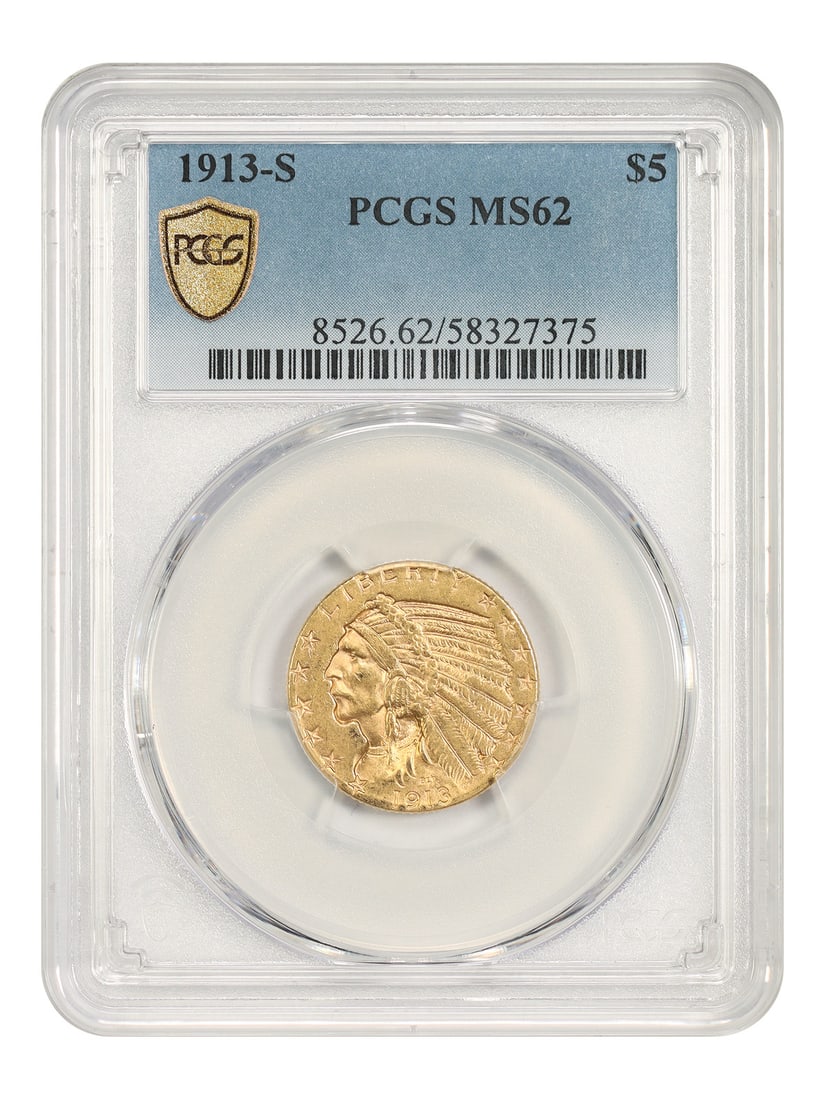 1913-S $5 PCGS MS62 - Indian $5 - Elusive S-Mint Five: 1913-S $5 PCGS MS62 - Indian $5 - Elusive S-Mint Five The 1913-S $5 PCGS MS62 is a highly sought-after Indian $5 coin, minted in San Francisco. This coin's elusive S-Mint Five designation makes it a p