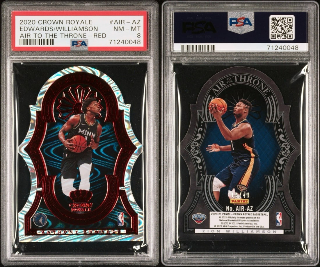 2020 CROWN ROYALE EDWARDS/ WILLIAMSON AIR TO THE THRONE RED DIE CUT/ 49 PSA 8: 2020 CROWN ROYALE EDWARDS/ WILLIAMSON AIR TO THE THRONE RED DIE CUT/ 49 PSA 8 The 2020 Crown Royale Edwards/Williamson Air to the Throne Red Die Cut card features Zion Williamson in a striking Asia Re