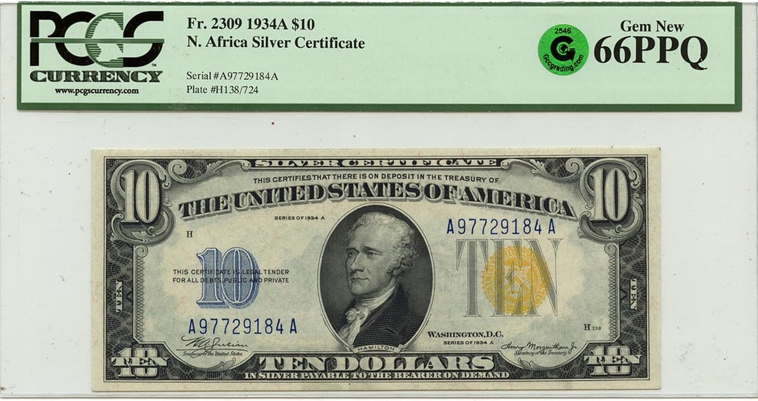 1934A $10 WWII N Africa FR#2309 PCGS Gem New PPQ AA Block GCC Green: 1934A $10 WWII N Africa FR#2309 PCGS Gem New PPQ AA Block GCC Green This 1934A $10 WWII N Africa FR#2309 PCGS Gem New PPQ AA Block GCC Green is a highly graded uncirculated note, certified by PCGS as 