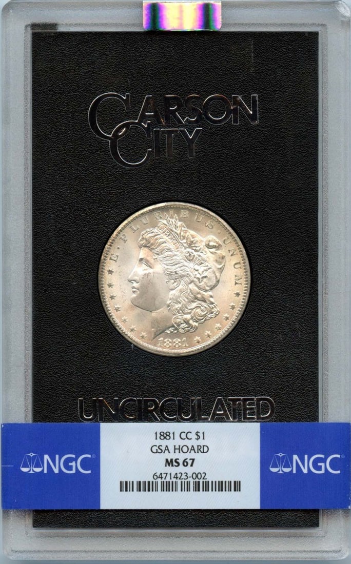 1881-CC Morgan Dollar GSA HOARD S$1 NGC MS67: 1881-CC Morgan Dollar GSA HOARD S$1 NGC MS67 The 1881-CC Morgan Dollar GSA HOARD S$1 NGC MS67 is a highly graded, uncirculated coin with a rich history. Certified by the Numismatic Guaranty Corporatio