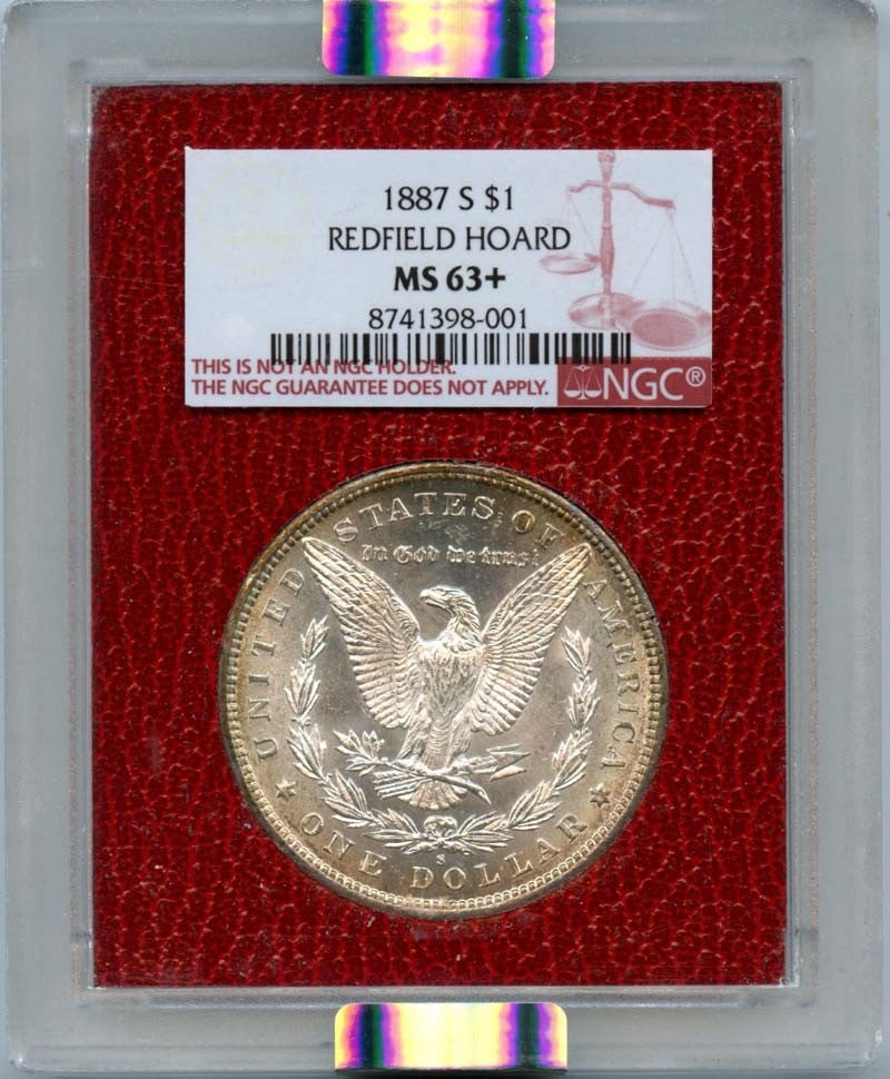 Morgan Dollar 1887-S HOARD REDFIELD NGC MS63+: Morgan Dollar 1887-S HOARD REDFIELD NGC MS63+ The 1887-S Morgan Dollar is a highly sought-after coin with a rich history. Graded MS63+, this coin boasts a stunning red coloration, a hallmark of the 18