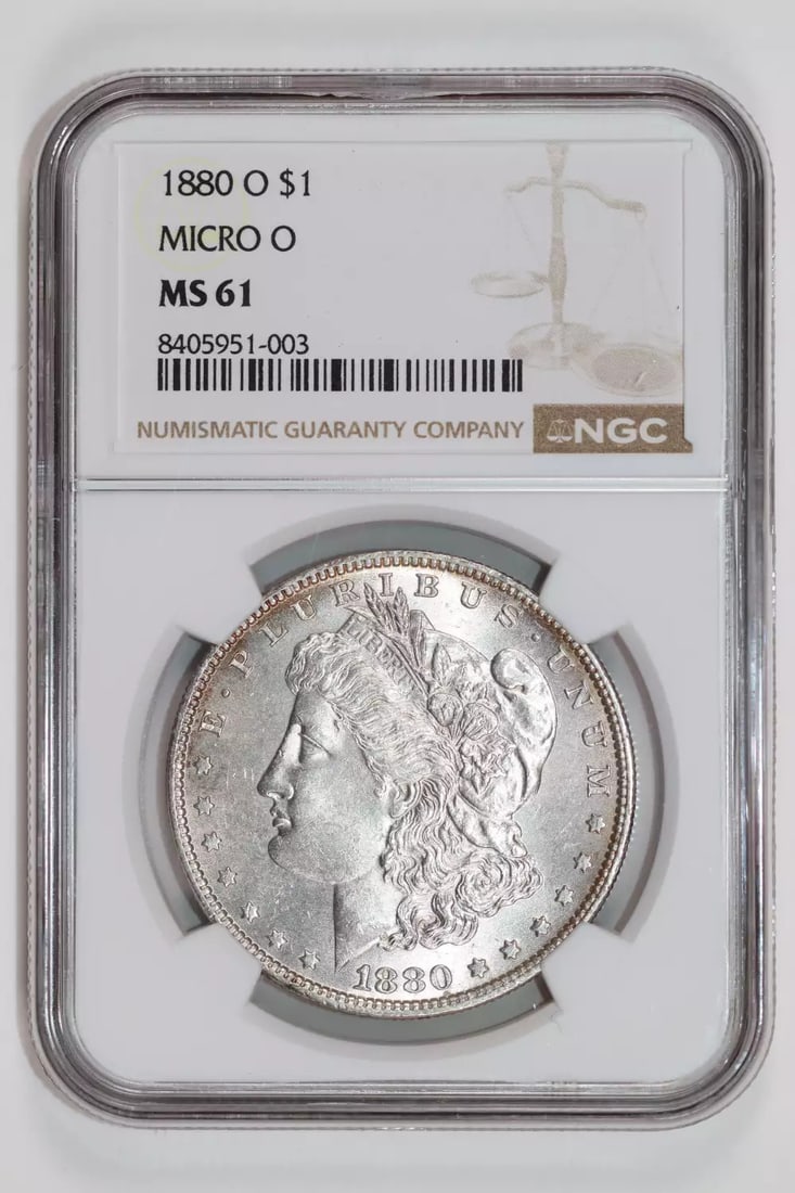 NGC MS61 MORGAN DOLLAR 1880-O MICRO: NGC MS61 MORGAN DOLLAR 1880-O MICRO The NGC MS61 MORGAN DOLLAR 1880-O MICRO is a highly detailed and well-preserved example of a 1880-O Morgan Dollar, certified by the Numismatic Guaranty Corporation 
